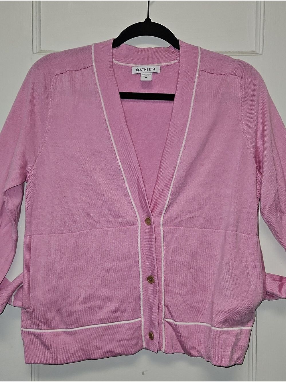 Athleta Pink Button-Front V-Neck Cardigan with White Trim